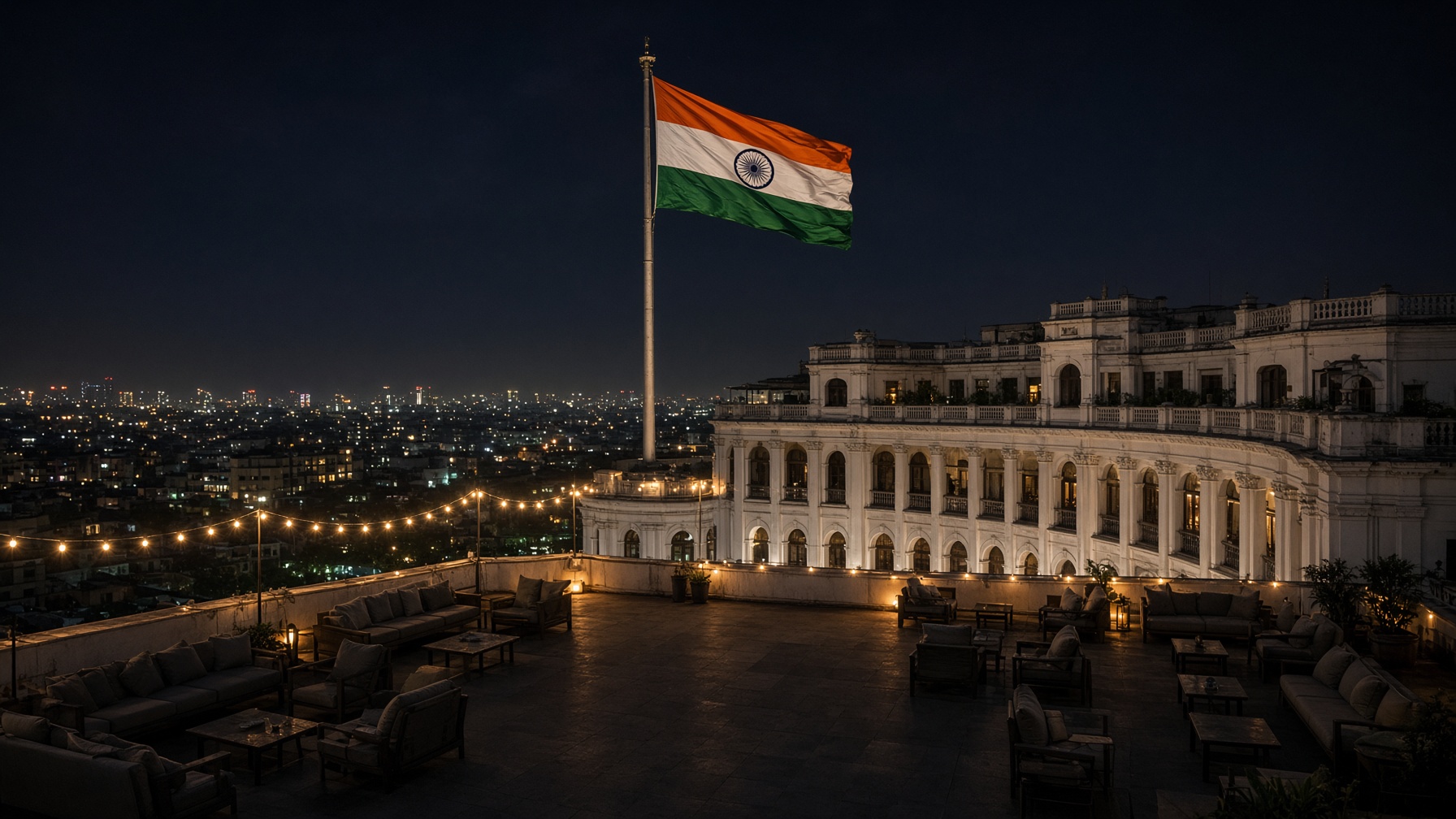 Terrace overlooking Connaught Place and the giant flag